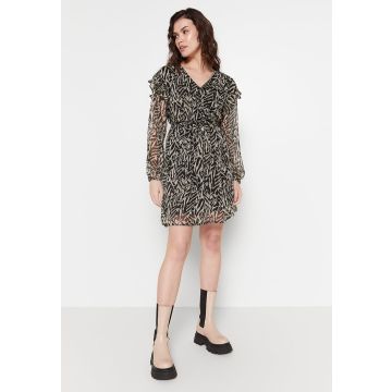 JDY Tierprint-Rüschen-Minikleid – Schwarz